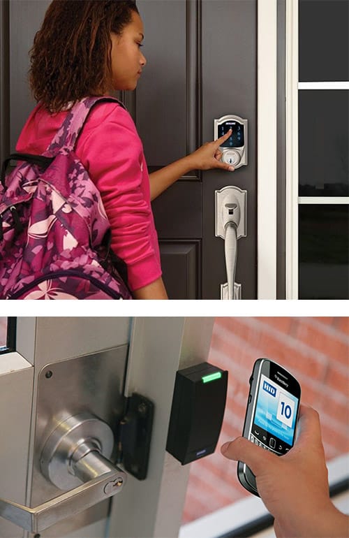 We can install electronic keypad Smart Locks in your home (top) and ones that work with your smartphone in your business (bottom)